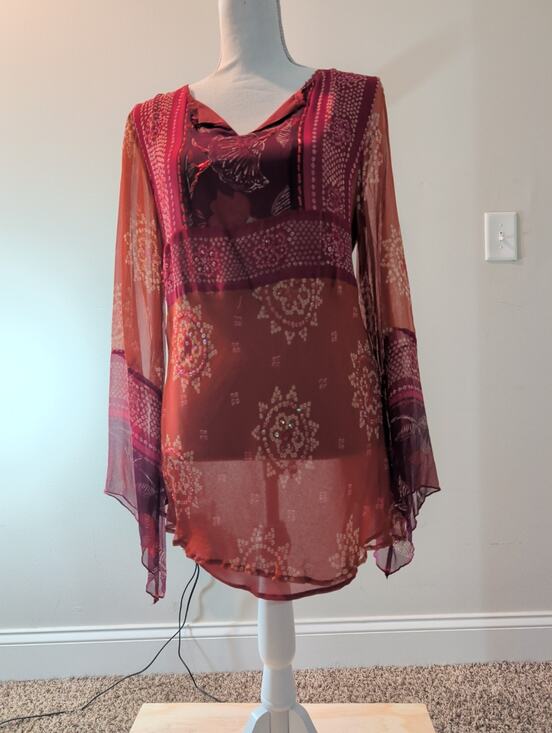 New York Ciy Design Co. Tops - NYC Design Co. Sheer Embellished Tunic Top L Silk Blend Maroon Long Sleeve China